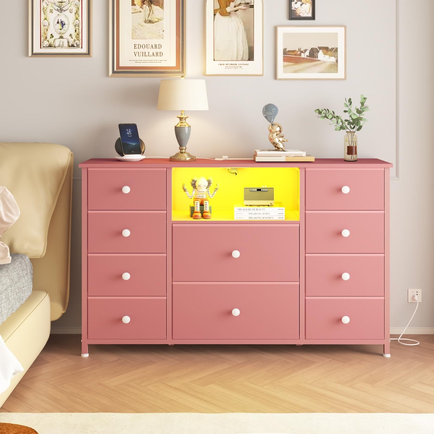 LDTTCUK Dresser with Charging Station and LED Lights, Pink Dresser for Girls Bedroom, Bedroom Long Dresser TV Stand with 10 Drawers, Fabric Wide Dresser Storage Organizer for Hallway, Kids Room