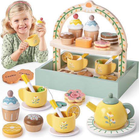 Toyssa Wooden Tea Party Set for Little Girls Toys Toddler Tea Set with Storage Cupcake Stand & Play Kitchen Accessories, Wooden Toys for Toddlers 2 3 4 5 6 Years Old, Birthday Kids Girls Gifts 1-3 Toyssa