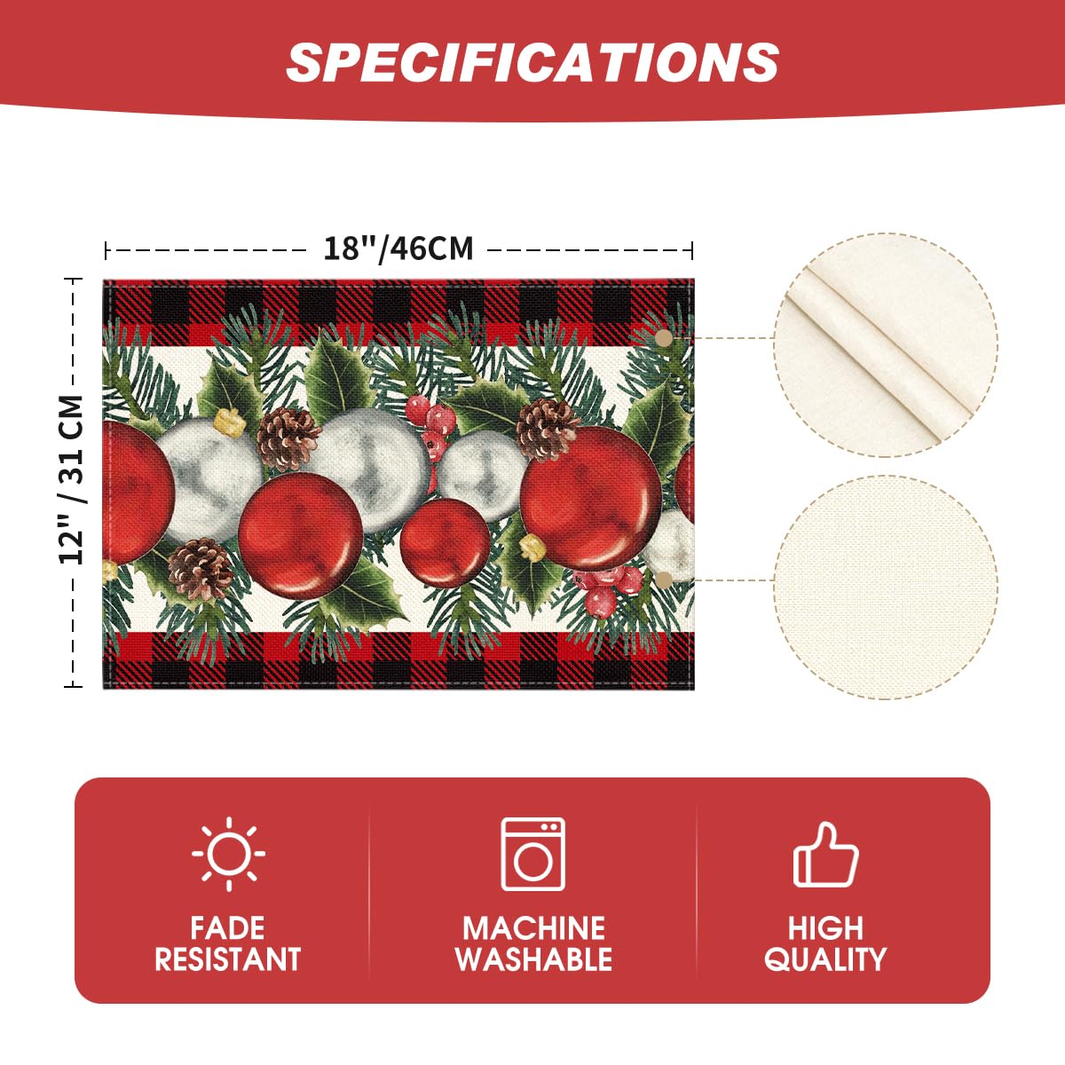 Artoid Mode Red Black Buffalo Plaid Holly Pine Cones Christmas Balls Placemats Set of 4, 12x18 Inch Seasonal Winter Table Mats for Party Kitchen Dining Decoration Artoid Mode
