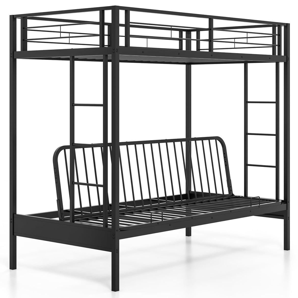 KOMFOTT Metal Twin Over Futon Bunk Bed, Heavy-Duty Loft Bed with Convertible Futon Underneath, Metal Slats Support, Dual Ladders & Full Length Guardrail, No Box Spring Needed (Black) KOMFOTT