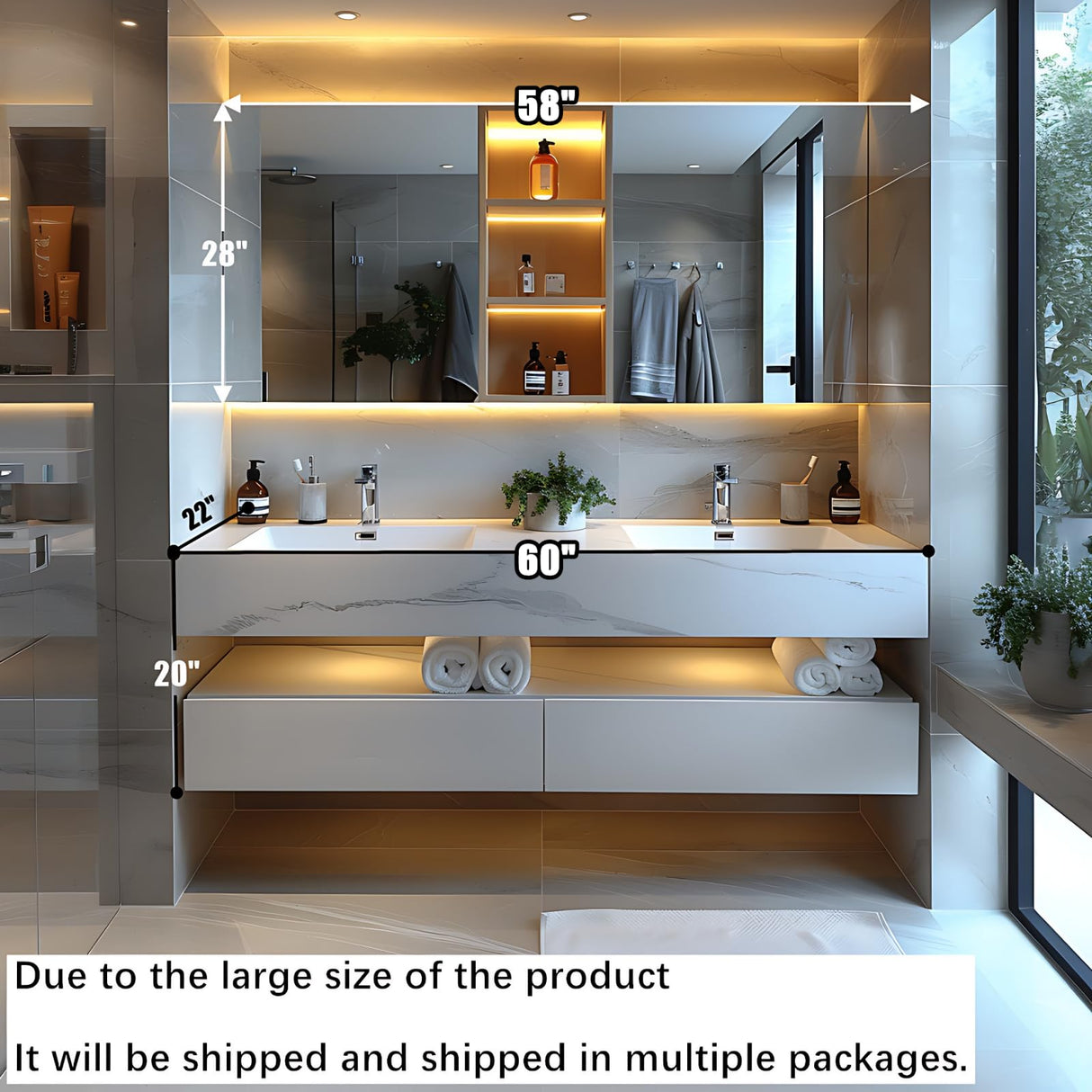 ZGNBSD Bathroom Vanity with Sink - Double Sink Bathroom Vanity, Wall Mounted Bathroom Sink Cabinet & LED Smart Defogger Mirror Cabinet Combination, Floating Vanity (Single B, 60") ZGNBSD