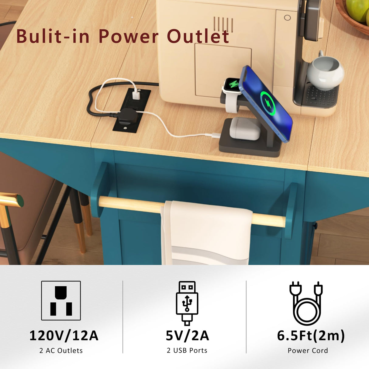 Beuiosda Rolling Kitchen Island Cart,55.7'' Large Kitchen Island with 2 Drop Leaf,Power Outlet,3 Drawers,Folding Storage Dining Table with Spice & Towel Rack for Kitchen, Dining Room (Green) Beuiosda