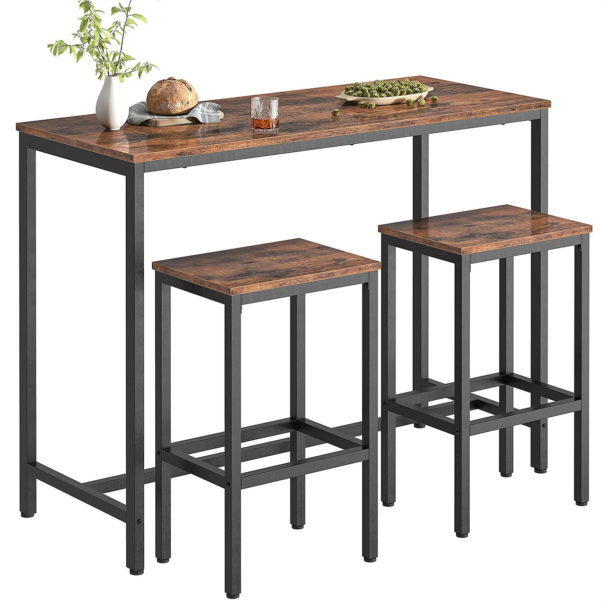 HOOBRO Bar Table and Chairs Set, 47.2” Rectangular Pub Table with 2 Stools for Small Space, High Top Table, 3-Piece Breakfast Table Set, Sturdy Metal Frame, Easy to Assemble, Rustic Brown BF52BT01 HOOBRO