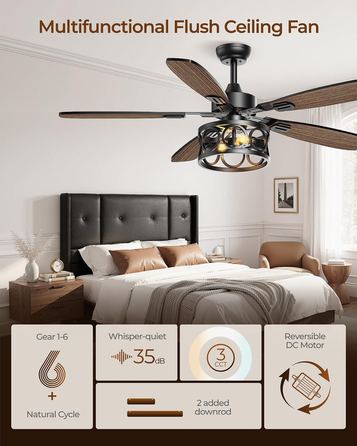 Ceiling Fans with Lights and Remote, 52'' Vintage Caged Ceiling Fan with Light, 5 Blades, 6+1 Speed, Flush Mount Ceiling Fan Whisper-quiet for Farmhouse, Living Room, Kitchen and Porch (52 Inch) BLNAN