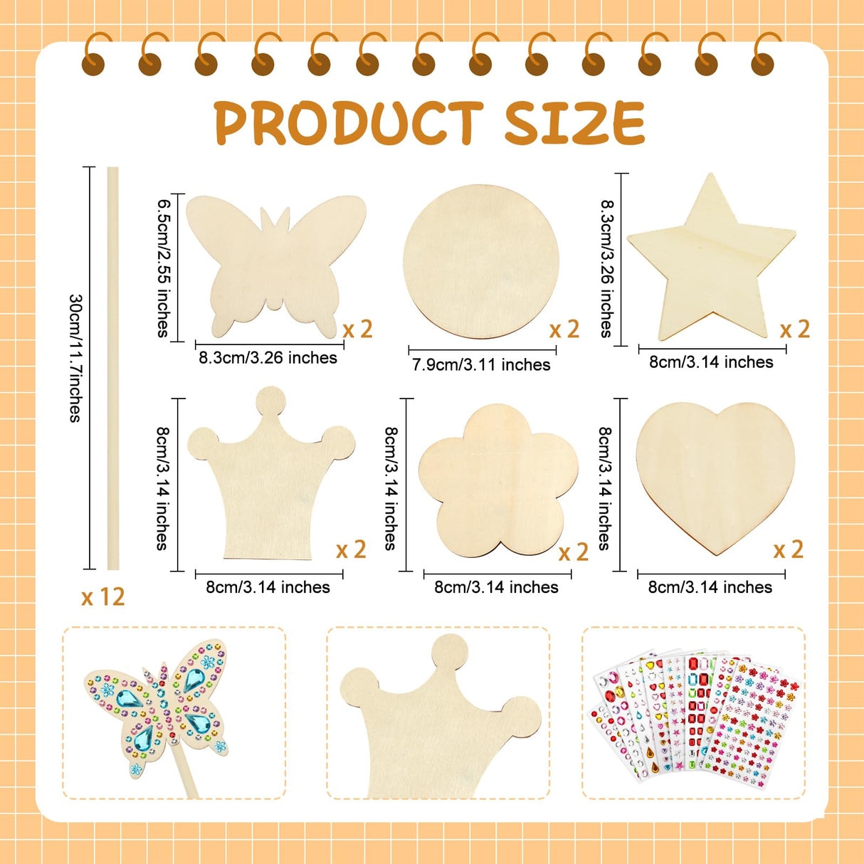 SAYAYA 12 Pack Fairy Wands Craft Kit, 6 Styles Unfinished Wooden Princess Wands with Stickers DIY Fun Party Supplies for Birthday Parties, Princess Celebrations, and Creative Gift & Craft Activity SAYAYA