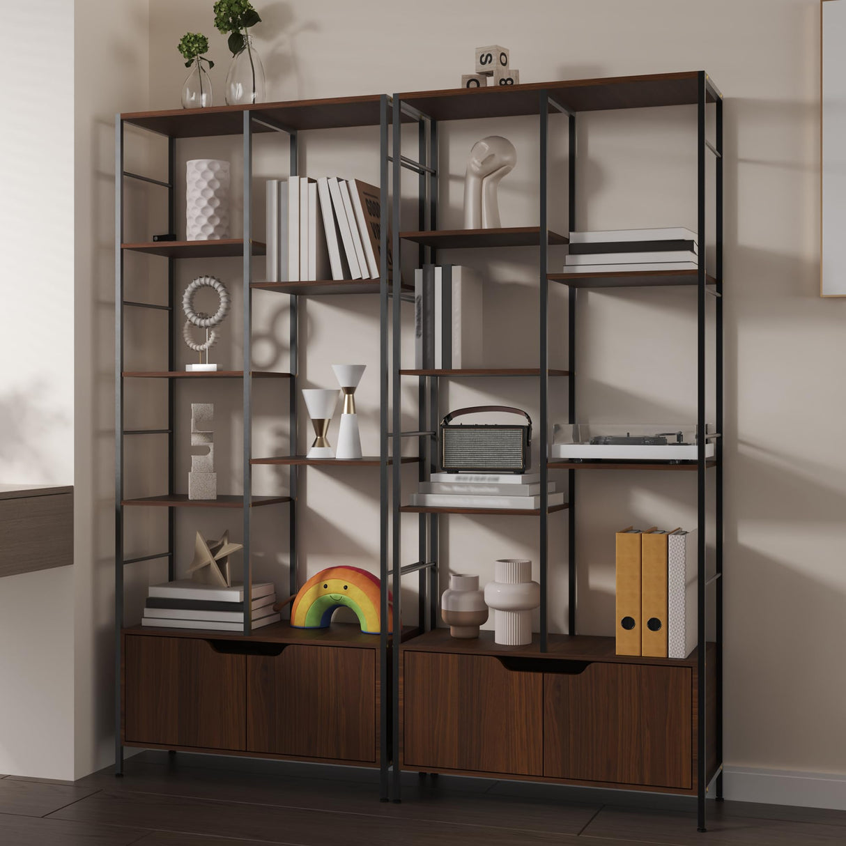 Housoul Bookshelf with Doors, 6-Tier Shelf with Storage Cabinet, 67" Tall Open Bookcase for Display, Industrial Retro Bookcase, Freestanding Storage Organizer Bookshelf for Living Room, Brown Housoul