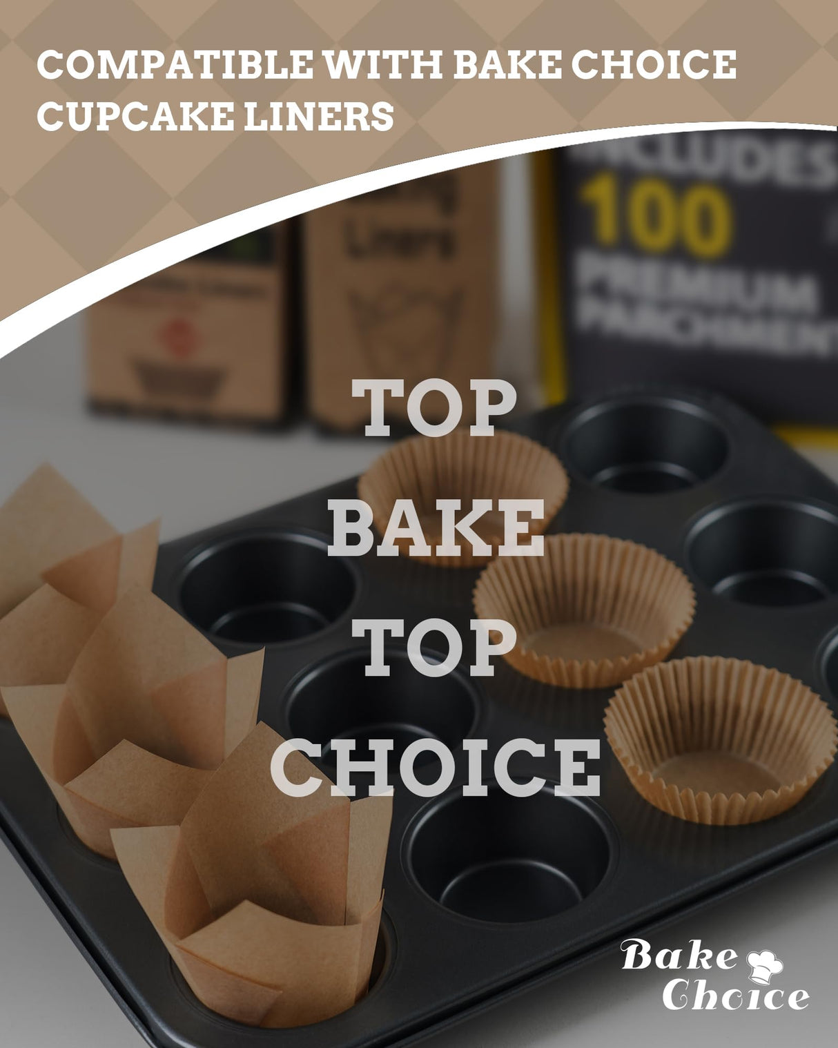 Bake Choice Muffin Top Pan includes 100 Natural Cupcake Liners, Cupcake Pans Nonstick 12 Cup, Muffin Tin, Carbon Steel Baking Supplies Bake Choice