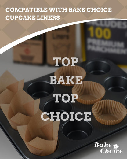 Bake Choice Muffin Top Pan includes 100 Natural Cupcake Liners, Cupcake Pans Nonstick 12 Cup, Muffin Tin, Carbon Steel Baking Supplies