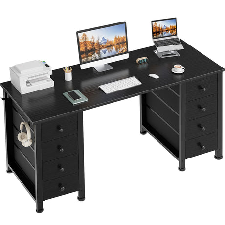 Black Gaming Desk with Drawers on Both Sides, 55 Inch Home Office Computer Study Writing Work PC Desk with 8 Storage Drawers Storage for Bedroom DLisiting