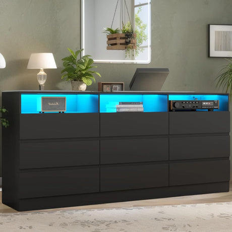 Loomie 9 Drawer Dresser for Bedroom with LED Lights & Power Outlet, Large 63" Black Dressers & Chest w/Deep Drawers, Triple Wide Dresser TV Stand for TVs up to 75",Dressers Organizer w/3 Open Cubbies Loomie