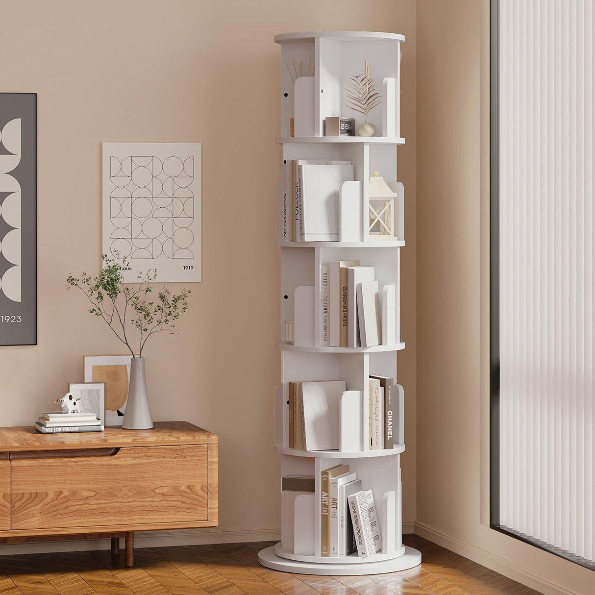 MXV Rotating Bookshelf, 360 Display 5 Tier, Small Corner Bookshelf for Small Space, Floor Standing Bookcase Storage Rack, Wood Narrow Book Shelf Organizer for Bedroom, Living Room, White MXV