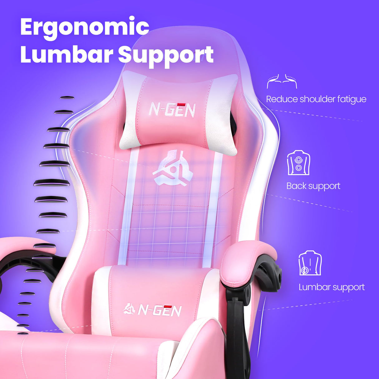 N-GEN GAMING Video Gaming Chair with Footrest High Back Ergonomic Comfortable Office Computer Desk with Lumbar Support Height Adjustable with PU Leather Recliner for Adults Women Men (Pink) N-GEN GAMING