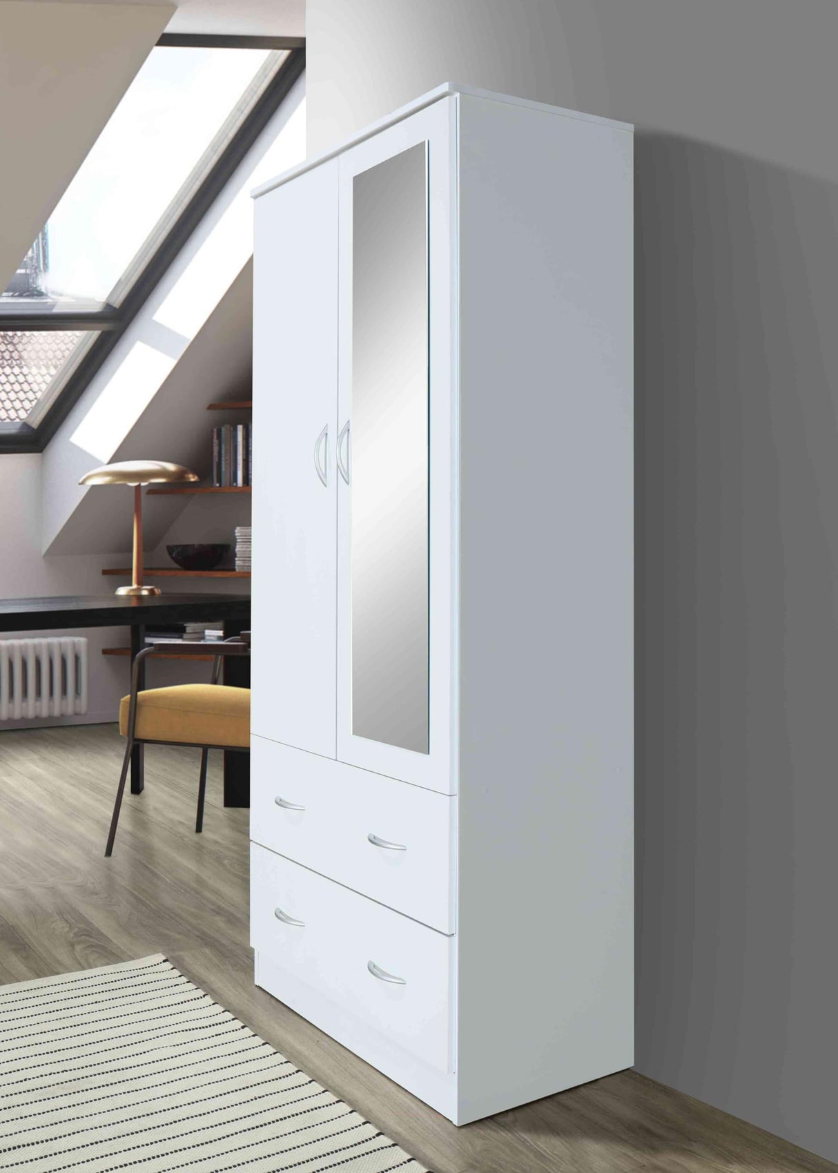 HODEDAH 2 Door Wood Wardrobe Bedroom Closet with Clothing Rod inside Cabinet, 2 Drawers for Storage and Mirror, White Hodedah