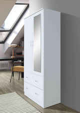 HODEDAH 2 Door Wood Wardrobe Bedroom Closet with Clothing Rod inside Cabinet, 2 Drawers for Storage and Mirror, White Hodedah