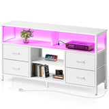 Rolanstar TV Stand with Power Outlets and LED Light, 4 Fabric Drawers Entertainment Center for 32/45/55/65 inch TVs, Media Console with Storage for Living Room or Bedroom, White Rolanstar