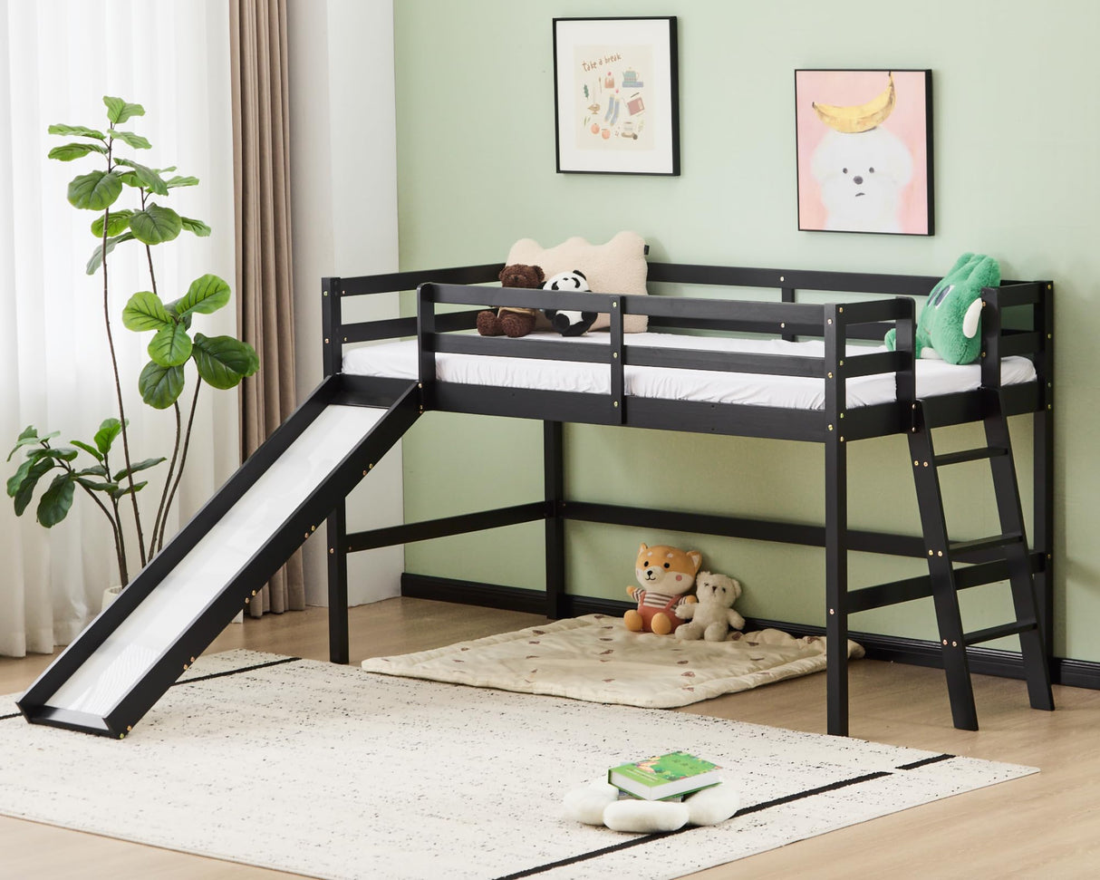 VINGLI 47 Inches Medium High Loft Bed with Slide, Space Saving Kids Low Loft Bed Twin Size with Guardrail and Flat Ladder, Pine Wood Bed Frame for Boys and Girls, Black VINGLI