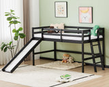 VINGLI 47 Inches Medium High Loft Bed with Slide, Space Saving Kids Low Loft Bed Twin Size with Guardrail and Flat Ladder, Pine Wood Bed Frame for Boys and Girls, Black VINGLI