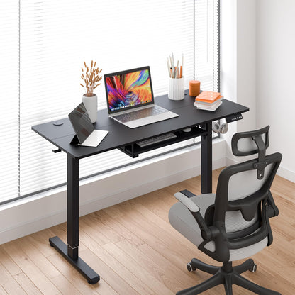 CROWNFURN Electric Standing Desk with Keyboard Tray, Adjustable Height Stand Up Desk for Home Office, 55x24 Inches Sit Stand Desk Computer Workstation, Black Frame & Desktop - WoodArtSupply