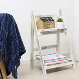 MyGift 2 Tier Rustic Whitewashed Solid Wood Freestanding Foldable Indoor Plant Stand, Decorative Wooden Display Shelf MyGift