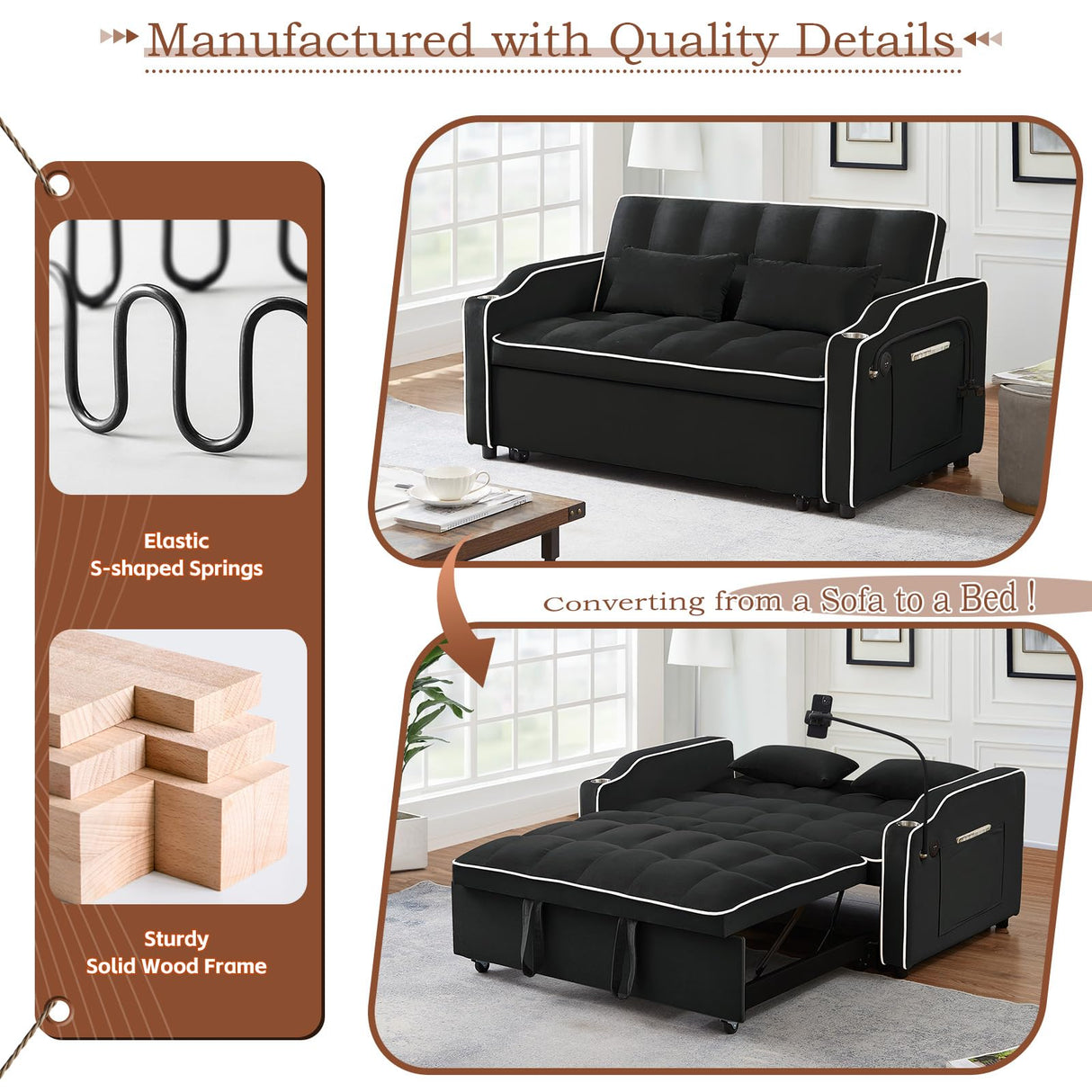 Pull Out Sofa Bed with Phone Holder, Convertible Velvet Loveseat Sleeper with 2 USB Charging Ports, Modern Futon Couch with Cup Holders and Adjustable Backrest, Small Love Seat for Living Room, Black KINFFICT