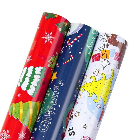 Linnoptimix Christmas Wrapping Paper Rolls -3 LARGE ROLL-27inch*78 inch per roll Colorful Foil Red White Blue wrapping paper(Christmas White/Red/Blue（005）) Linnoptimix