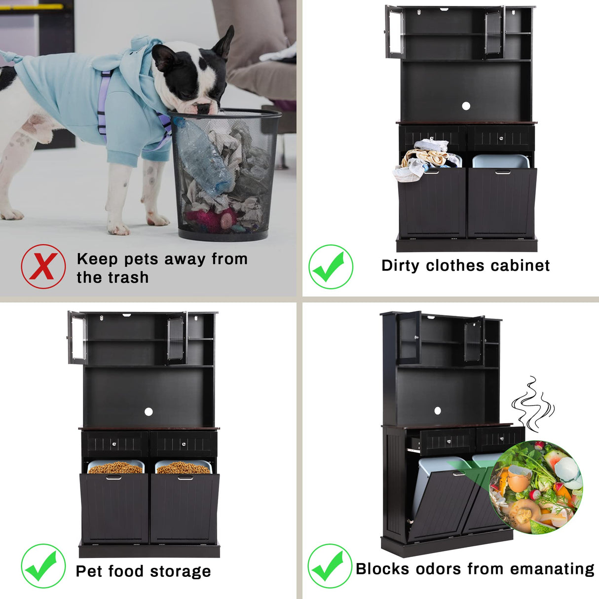 YOCONYO Double Tilt Out Trash Cabinet Storage Cabinet 20 Gallon with Two Solid Wood Hideaway Trash Holder Drawers, Dual Wooden Free Standing Recycling Cabinets Trash Can Bin Kitchen (Black) YOCONYO