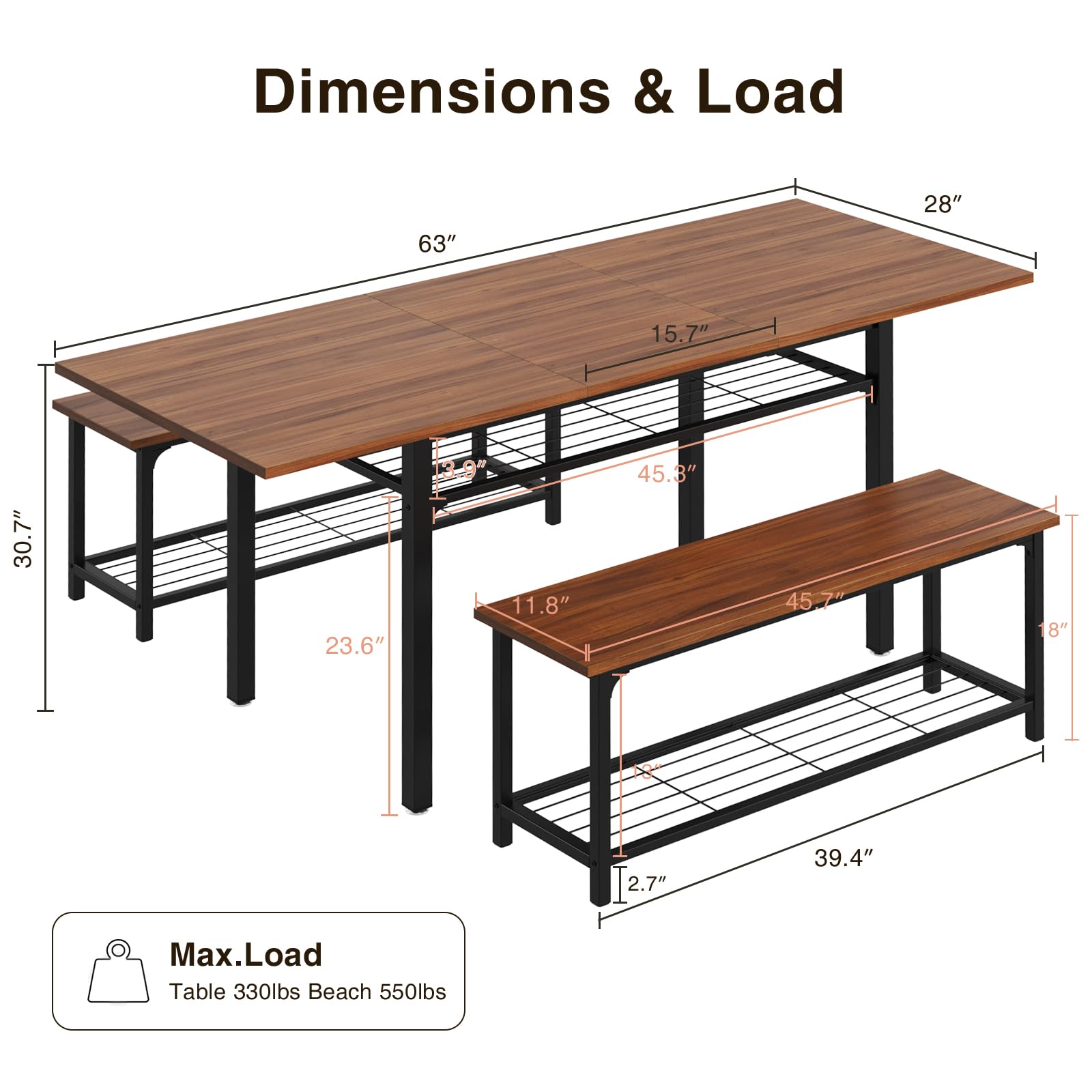 Halitaa 3-Piece Dining Table Set for 4-8, Kitchen Table Set with Metal Frame & Wooden Board，63" Extendable Dining Room Table Set with Storage Rack and 2 Benches (Walnut) - WoodArtSupply