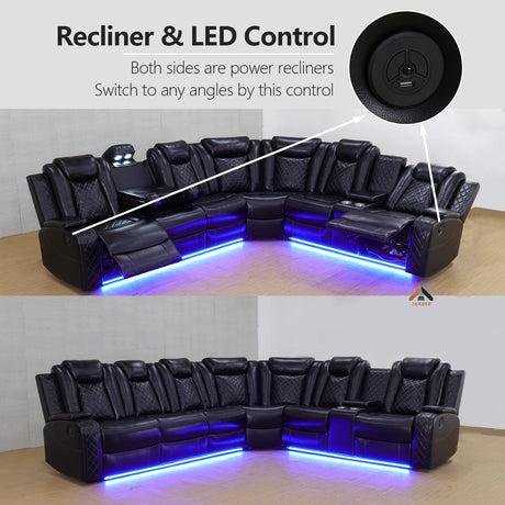 JBXBER Power Recliner Sectional Sofa Set with LED Lights, Leather Reclining Sectional Couch Sets with USB Ports, Cup Holders, Storage Console, L-Shaped Home Theater Seating for Living Room(Black) JBXBER