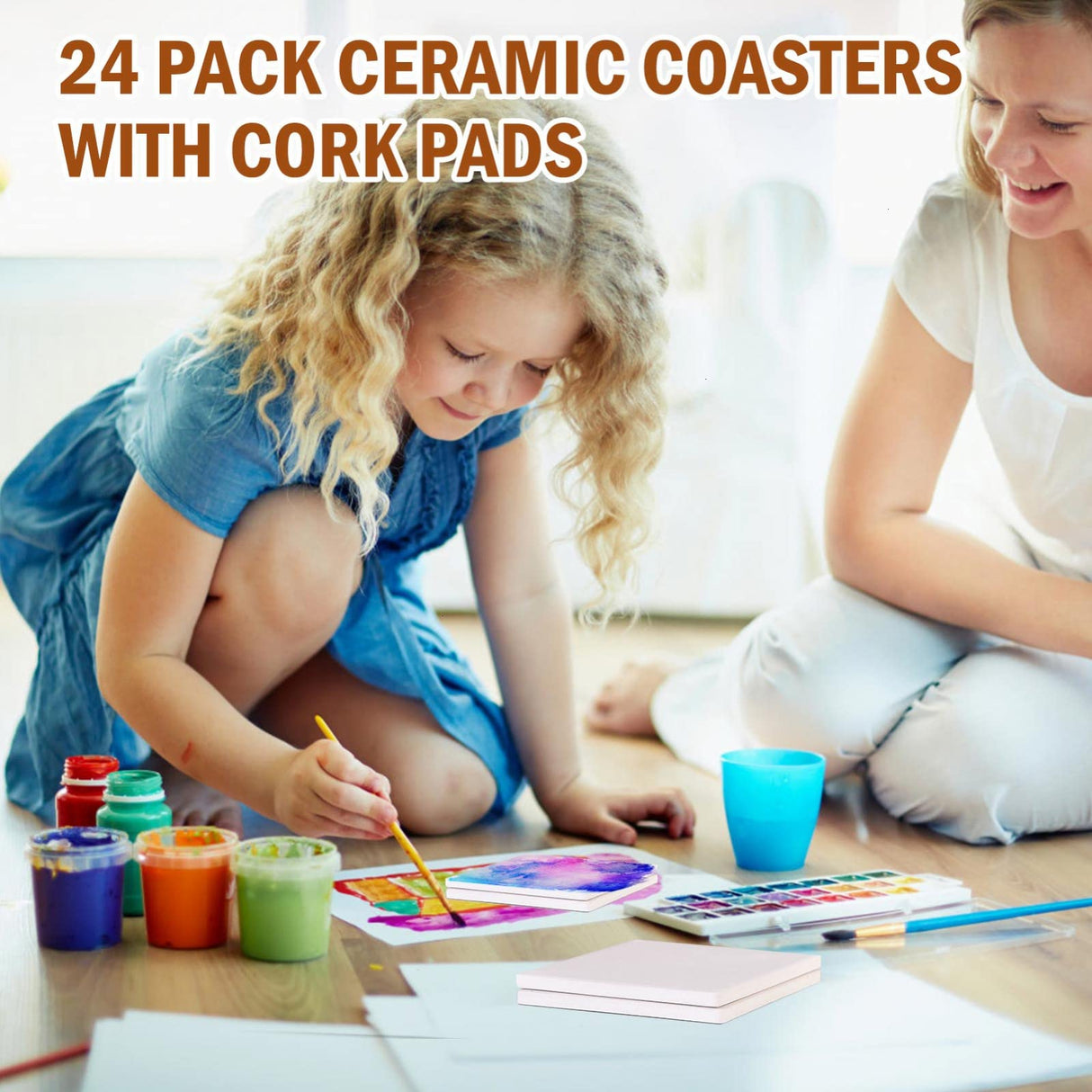 COYMOS 24 Pcs Ceramic Tiles for Crafts Ceramic Coasters for Crafts Blank White Unglazed Ceramic Tile for Painting, Alcohol Ink, Acrylic Pouring - DIY Coaster - Cork Backing Pads Included (4x4 inch) COYMOS