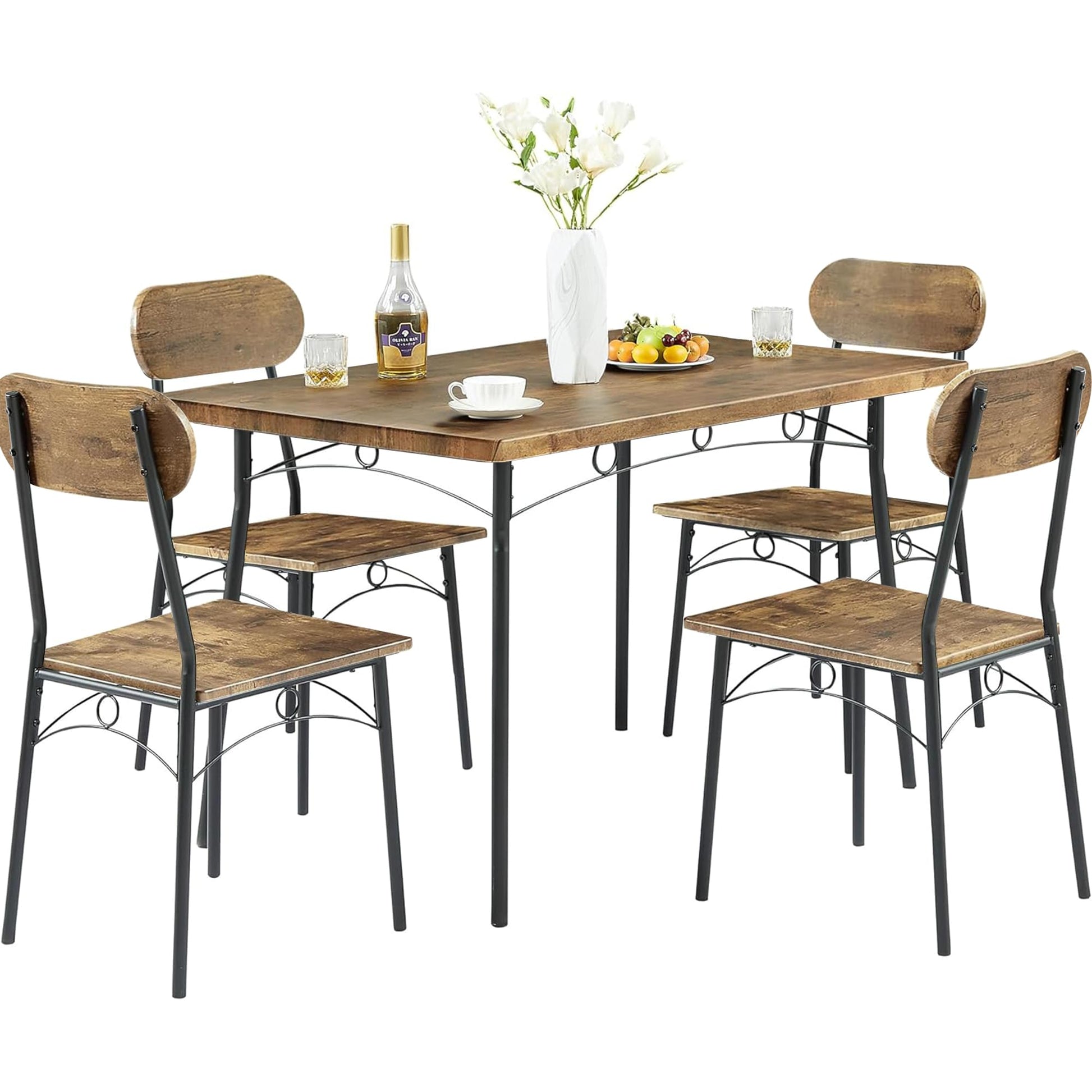 VECELO Dining Table Set for 4, 5 Piece Dinette with Chairs for Kitchen, Breakfast Nook and Small Space, Brown - WoodArtSupply