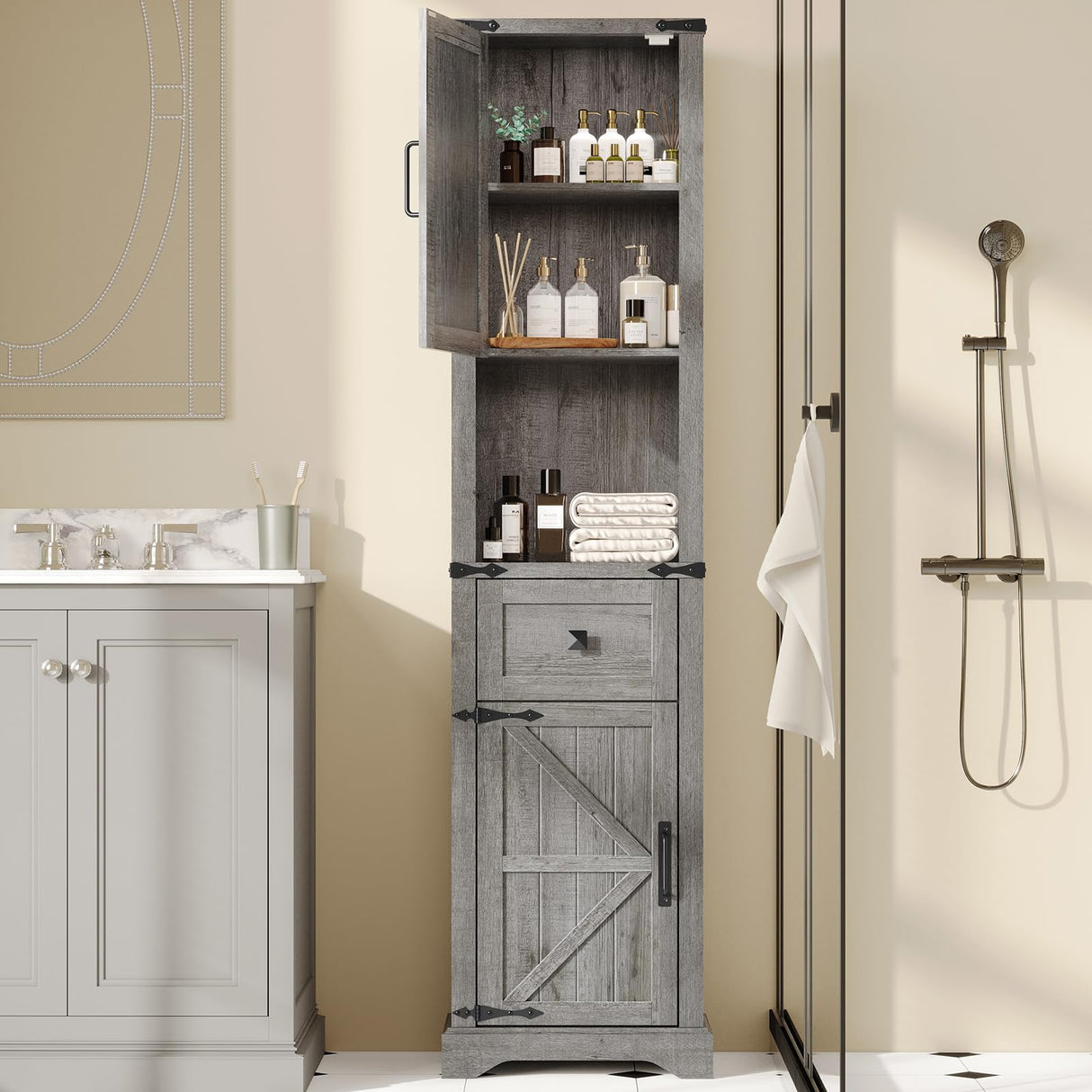 66" Tall Farmhouse Bathroom Storage Cabinet with Barn Doors and Drawer, Narrow Storage Unit, Adjustable Shelves & 5-Tier Space, Freestanding Cabinet for Bathroom, Entryway, Kitchen, Wash Grey Vabches