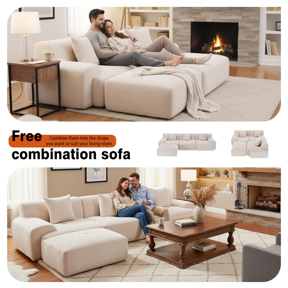 120" Modular Boneless Couch Cloud Couch Sectional Couches for Living Room with Ottoman, Modern L-Shaped Modular Sectional Sofa with Deep Seat, Corduroy 3-Seater Sleeper Sofas for Living Room (Beige) Aaron Living