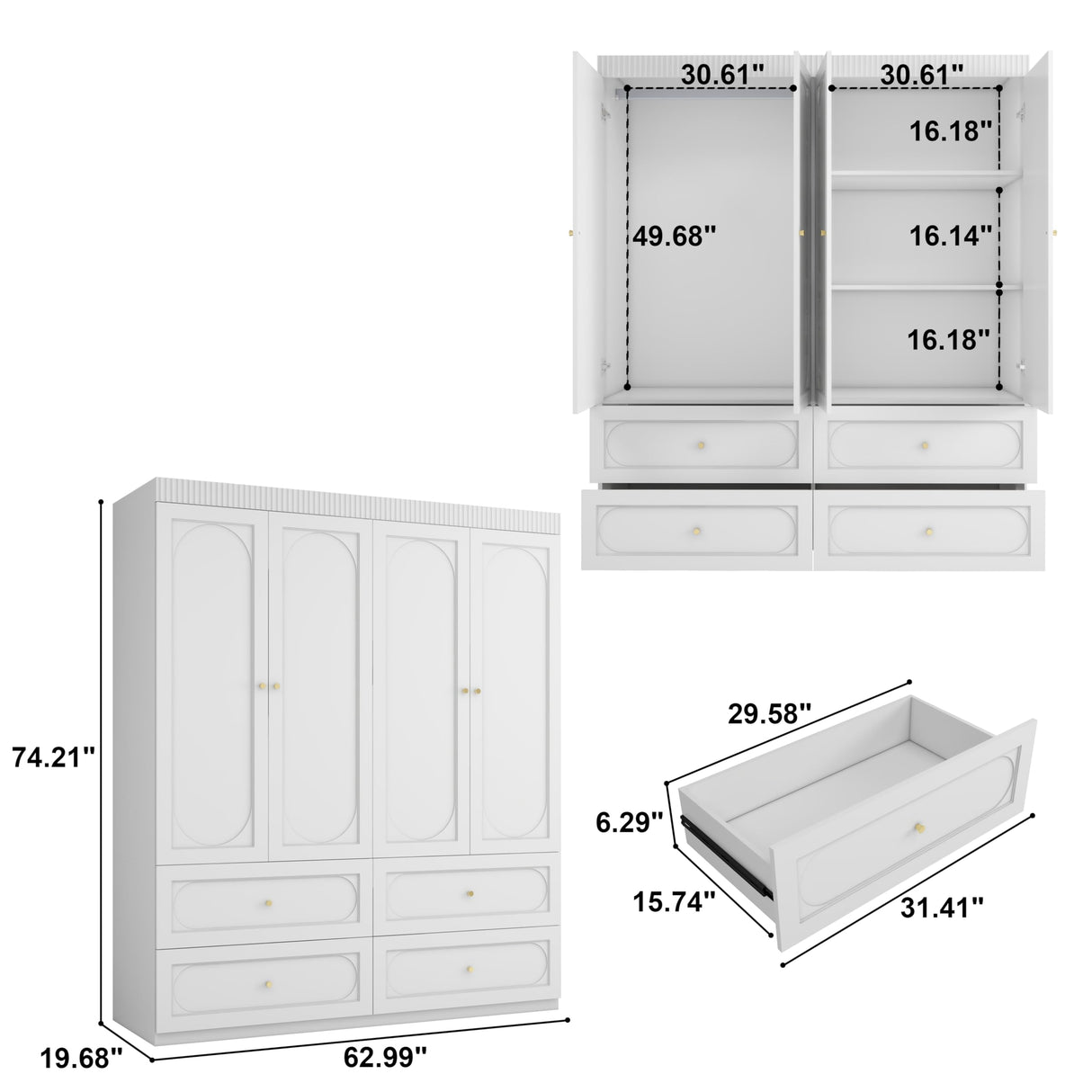 LABROSKIA Bedroom Armoire Wardrobe Closet with 4 Drawers: 74" White 4 Doors Wood Storage Cabinet, Hanging Rod and Ample Storage Space (Modern, White) LABROSKIA