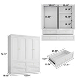LABROSKIA Bedroom Armoire Wardrobe Closet with 4 Drawers: 74" White 4 Doors Wood Storage Cabinet, Hanging Rod and Ample Storage Space (Modern, White) LABROSKIA