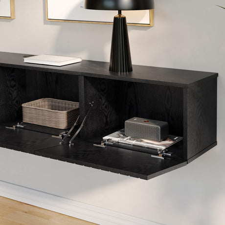 WAMPAT Floating TV Stand, Wall Mounted Shelf, Modern Floating Entertainment Center with 3 Fluted Flip-Down Doors, 70" Large Storage Media Console Wall Unit for Living Room,Bedroom, Black WAMPAT