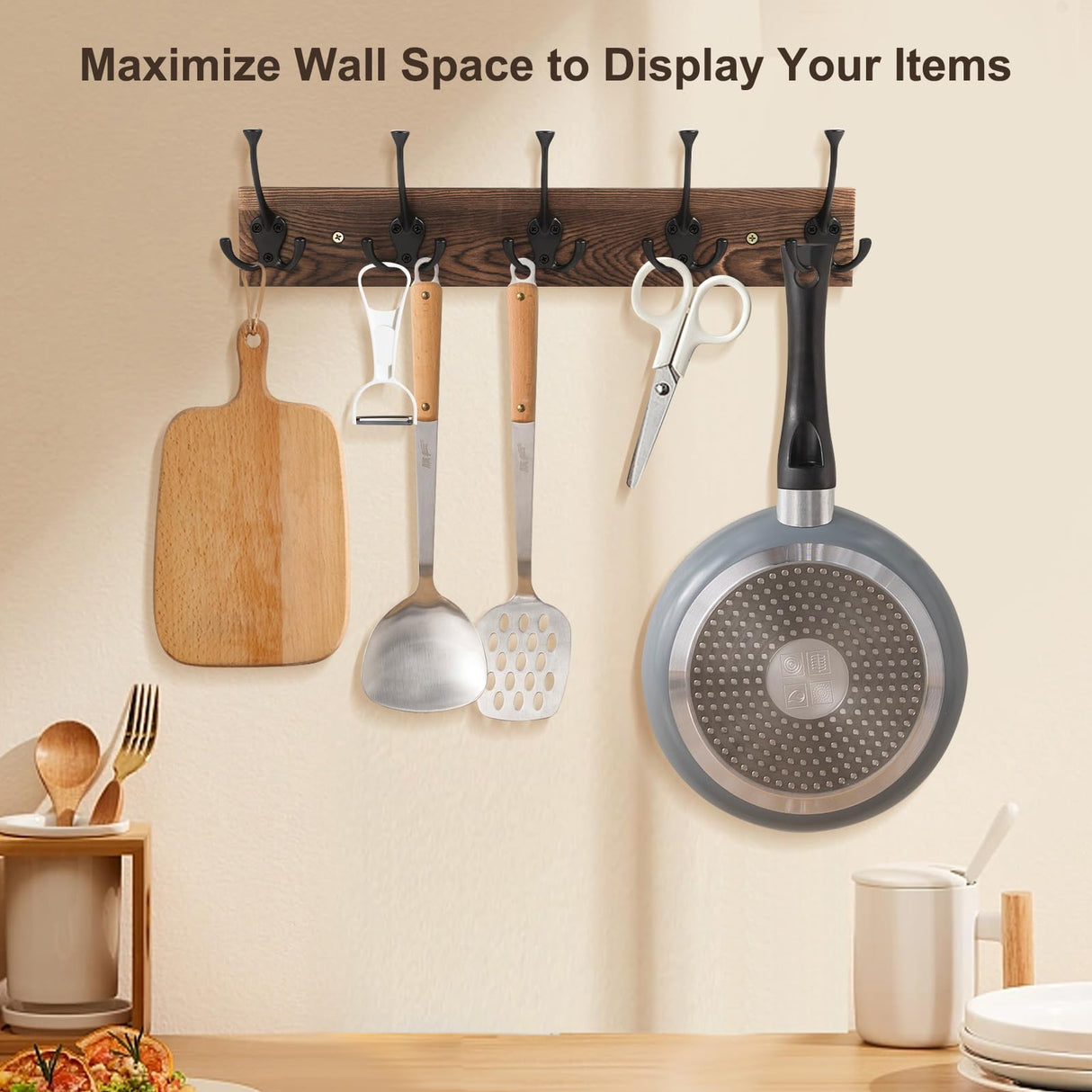 Gohiuo Rustic Wall Mount Coat Rack, 17" Coat Hooks Wall Mount Wood Coat Rack with 5 Triple Hooks, Heavy Duty Wooden Wall Mounted Coat Hanger for Entryway, Farmhouse Hanging Coats, Hats, Bags,Towels Gohiuo