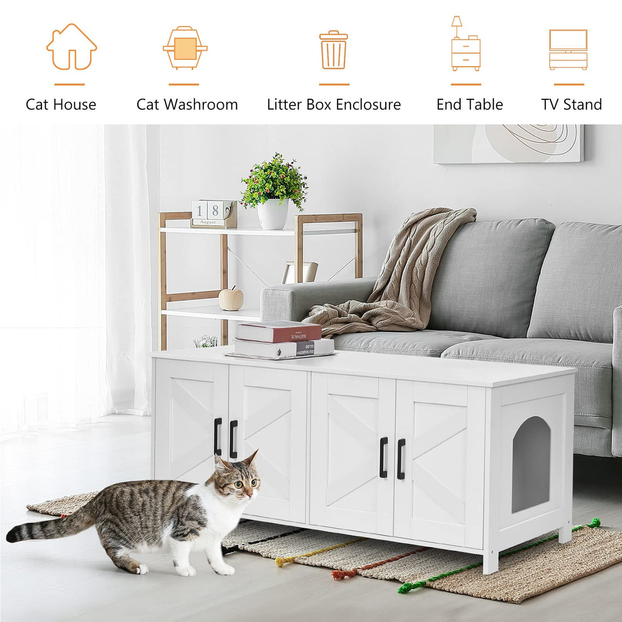 Homhedy Cat Litter Box Enclosure For 2 cats, Litter Box Furniture Hidden with Double Room,Wooden Cat Washroom Furniture,Cat House,47.2”L x 19.7”W x 19.7”H,White Homhedy