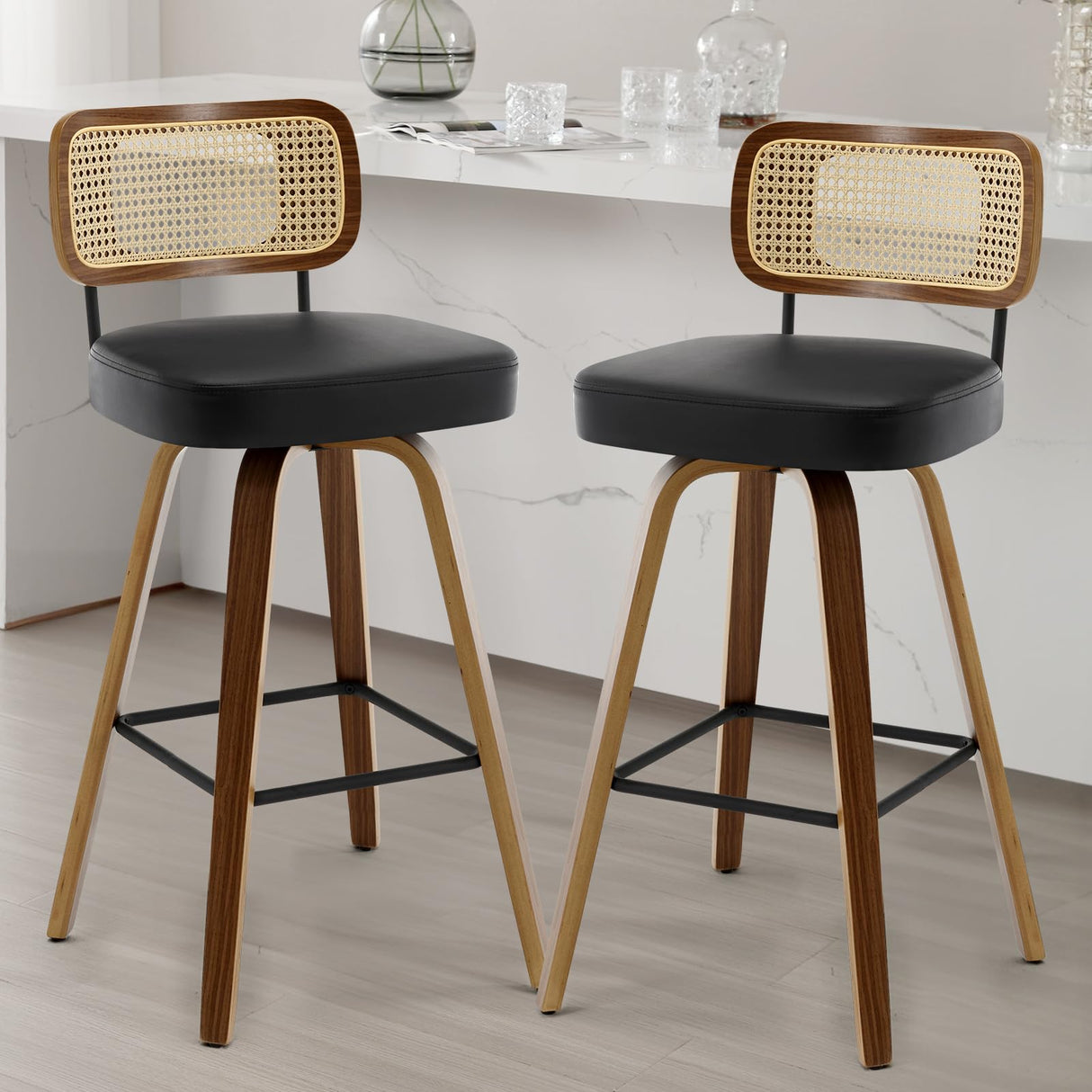 Bekrvio 29" Swivel Bar Stools Set of 2 with Rattan Back, Upholstered Faux Leather, Walnut Bentwood Frame in Black Bekrvio