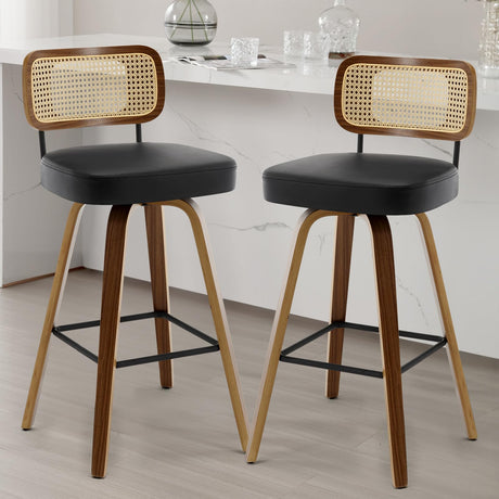 Bekrvio 29" Swivel Bar Stools Set of 2 with Rattan Back, Upholstered Faux Leather, Walnut Bentwood Frame in Black Bekrvio