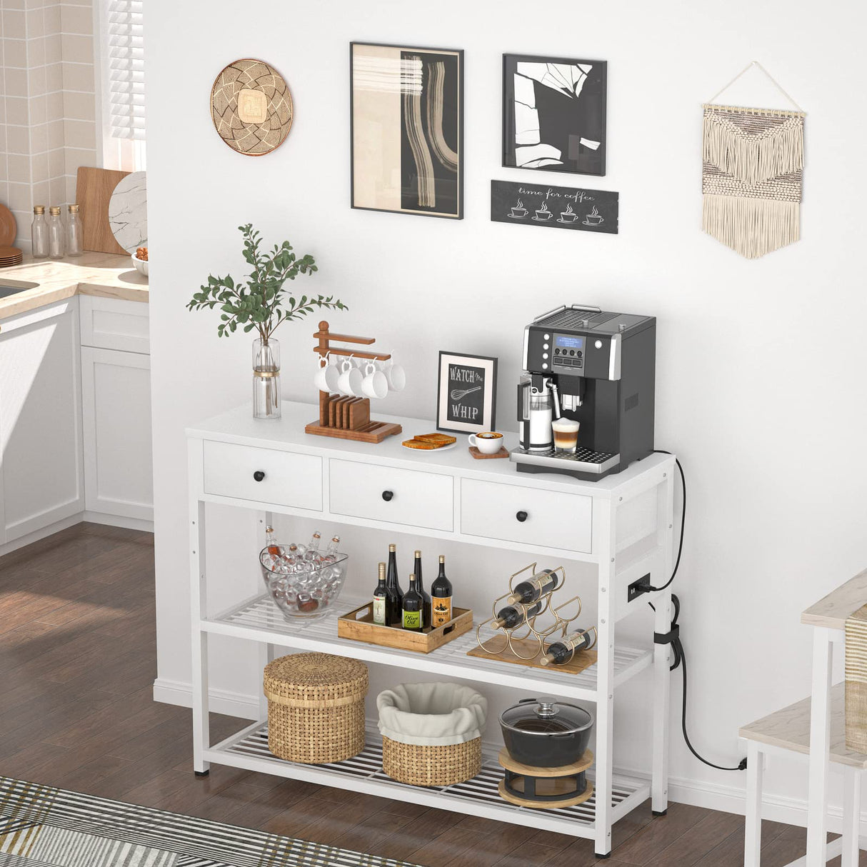 Ecoprsio 47'' Entryway Table with Outlets and USB Ports, Console Table with 3 Drawers, Sofa Table Narrow Long with Storage Shelves for Living Room, Couch, Hallway, Foyer, Kitchen Counter, White Ecoprsio