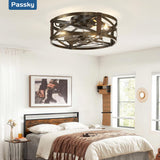 Passky 20" Farmhouse Flush Mount Ceiling Fans with Lights and Remote, Industrial Black Caged Low Profile Fandelier, 6 Speeds Bladeless Ceiling Fan for Bedroom, Kitchen, Living Room Passky