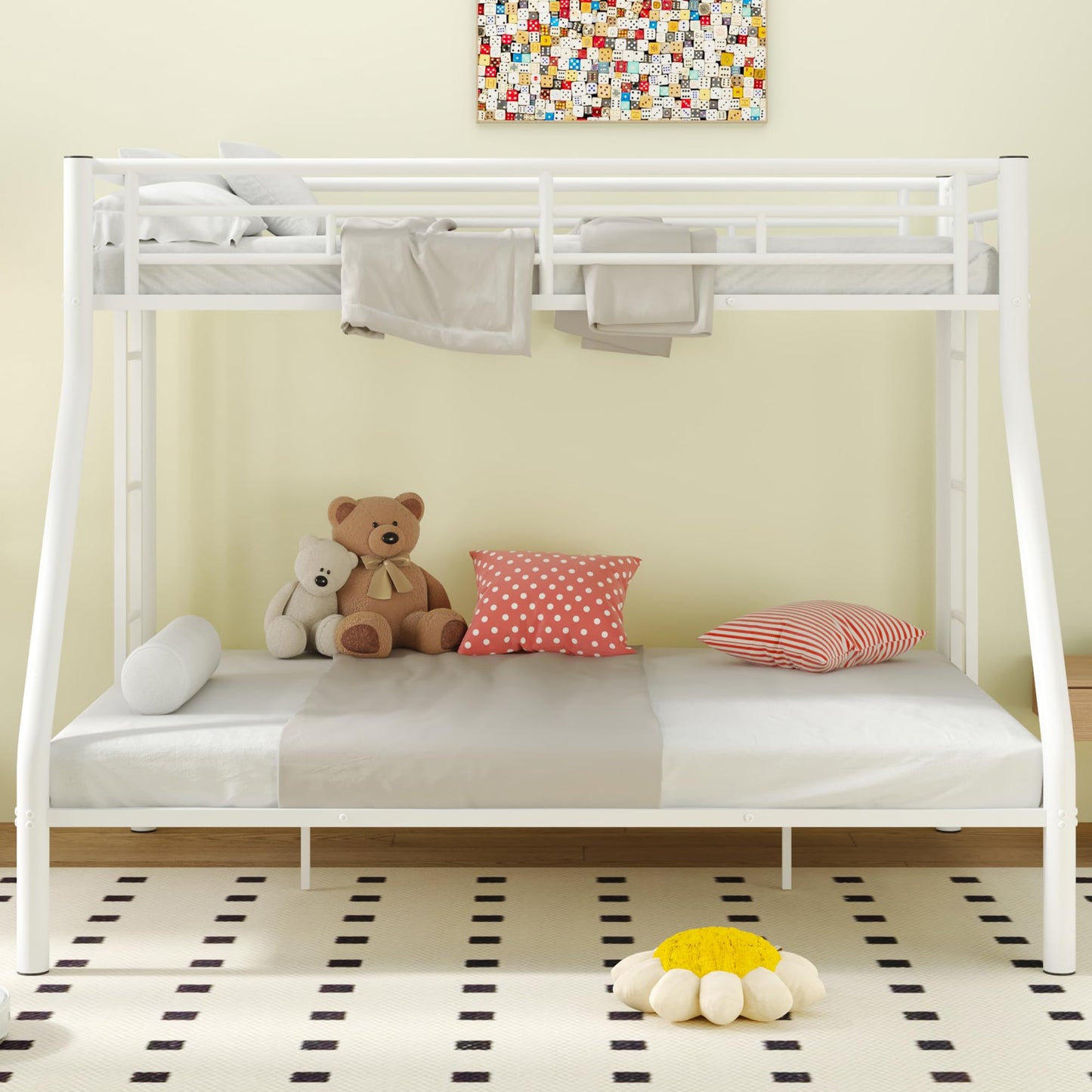 Twin XL Over Queen Bunk Beds with Ladder and Full Length Guardrail, Heavy Duty Bunk Beds/Twin XL Over Queen Bunk Bed for Kids, Twin XL Over Queen Bunk Bed White