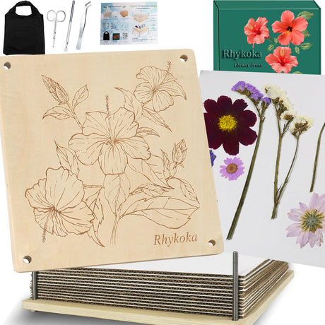 Rhykoka Large Flower Press,11x11 inch (28x28cm) 10 Layers Wooden Flower Pressing Kit for Adults with Storage Bag, Great Gift for DIY Flower Lovers (Wooden) Rhykoka