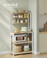 VASAGLE Bakers Rack with Power Outlet, 31.5 Inches Coffee Bar for Kitchen with Storage, 6-Tier Kitchen Shelves with 6 Hooks, Microwave Stand, Golden Oak and White UKKS119Y01 VASAGLE