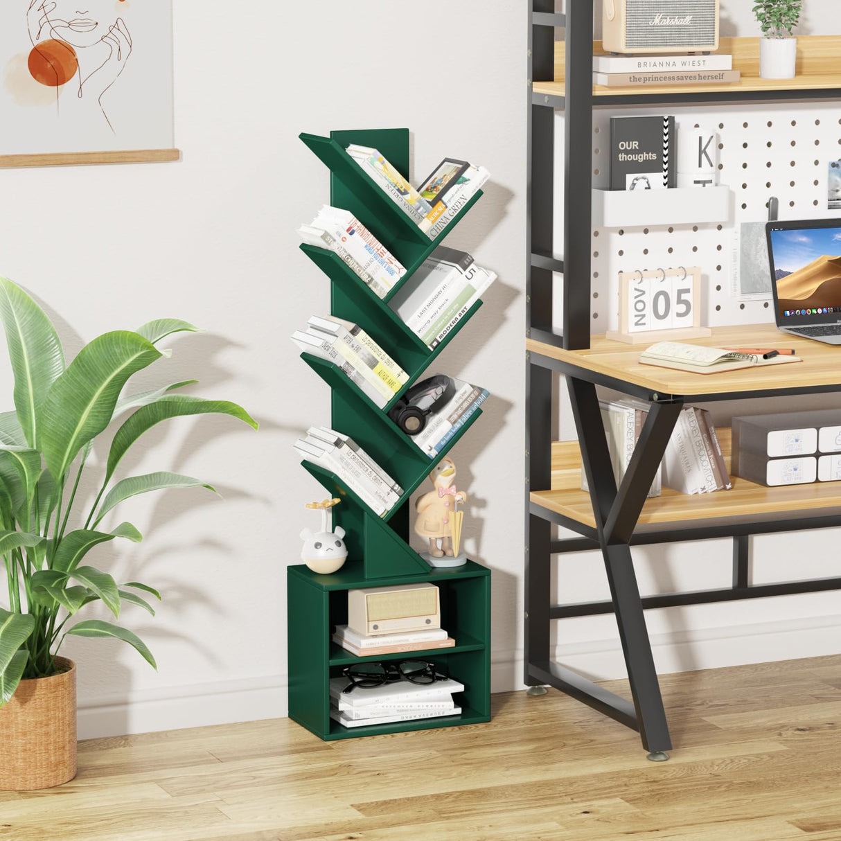 SHEEPAM 10 Tier Tree Bookshelf,Christmas Green Bookcase for Narrow Space, Storage Organizer Floor Standing Bookshelves for Books, Tall Book Case for Home Office, Living Room, Bedroom