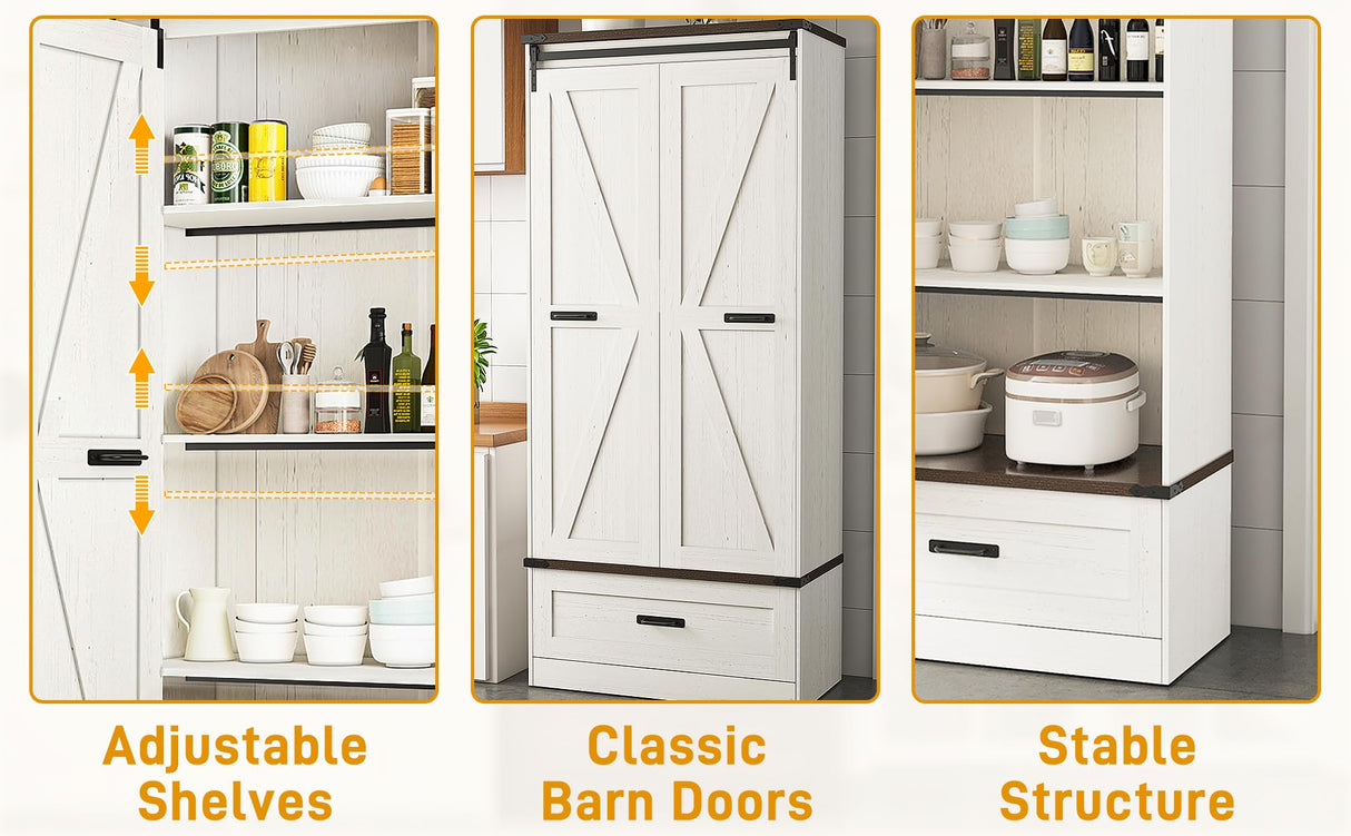 Hlivelood 72" Tall Storage Cabinet with Barn Doors & Drawer, Pantry Cabinet with Adjustable Shelves, Rustic Wood Cupboard for Kitchen, Dining Room, Living Room, White Hlivelood