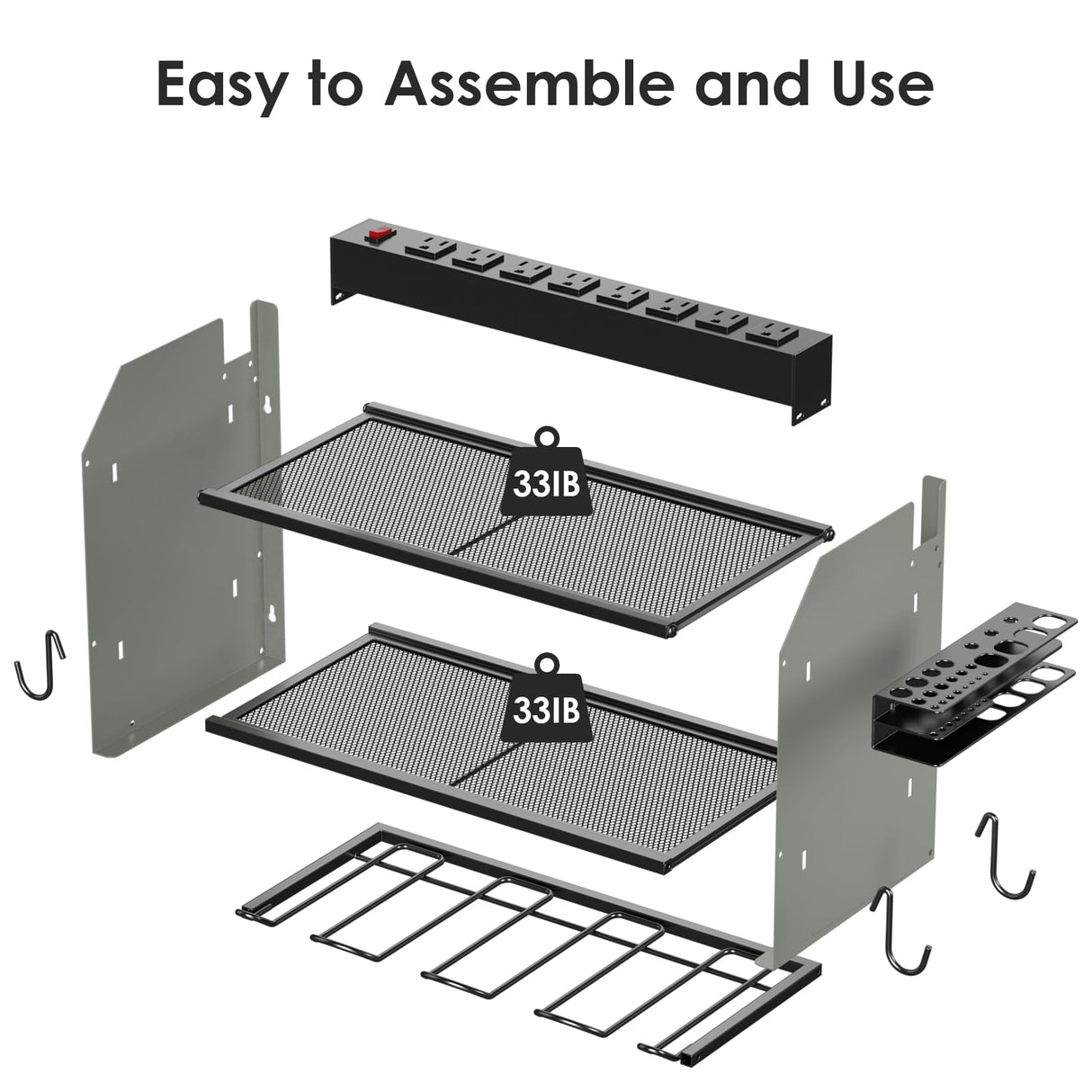 CCCEI Modular Power Tool Organizer Wall Mount with Charging Station. Garage Drill Storage Shelf with Hooks, Heavy Duty Rack, Tool Battery Holder Built in 8 Outlet. Gift for Men. Grey, 2 Pack. CCCEI