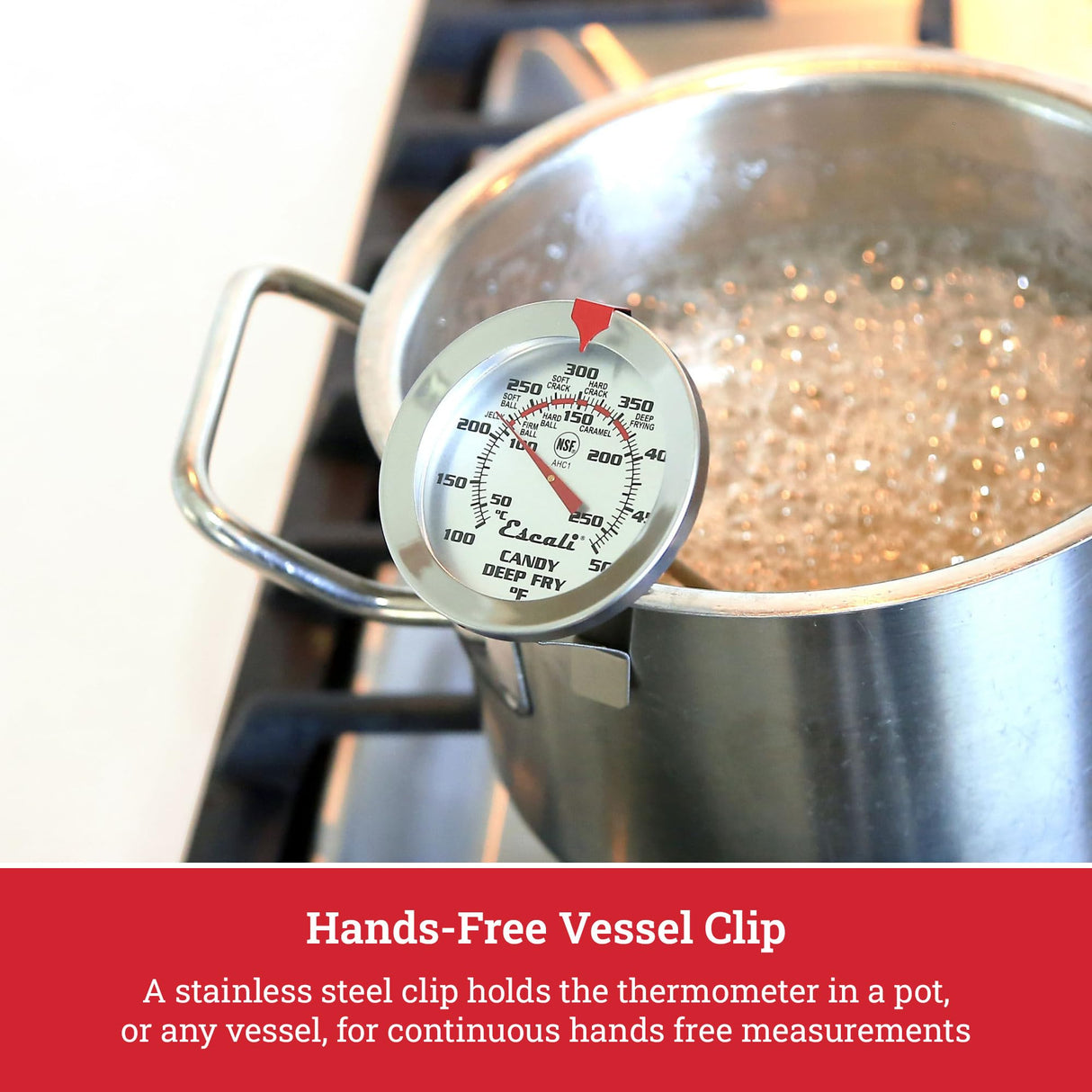 Escali AHC1 Stainless Steel Deep Frying and Candy Thermometer with Pot Clip, 5-Inch Probe with Candy Temperature Zones, NSF Certified Escali