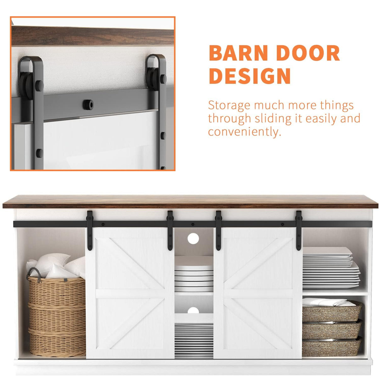 YESHOMY Farmhouse TV Stand for Televisions up to 65 Inches, Sliding Barn Doors and Storage Cabinets, Console Table and Media Furniture for Living Room, 58 Inch, White YESHOMY