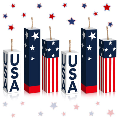 6 Pcs Patriotic Tiered Tray Decor 4th of July Wooden Firework Decor Memorial Day Wood Signs Decorations July 4th Centerpieces Independence Day Red White Blue Table Tiered Tray Decor